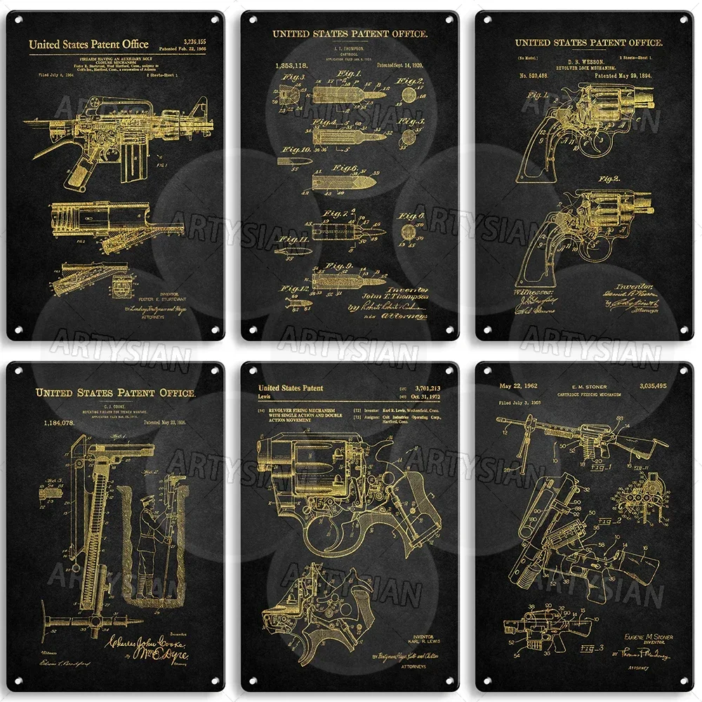 Gun Military Patent Metal Sign Samuel Colt D.B. Wesson Revolver M1 Garand AR-15 Eugene M. Stoner Wesson Gatling Gun Gaston Glock