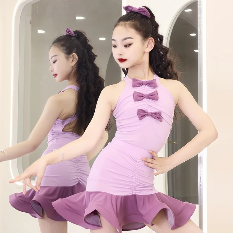 

Детская одежда для латинских танцев, летний костюм для девочек, фиолетовое платье без рукавов, тренировочная одежда для ча-ча-румбы, костюм DNV23523