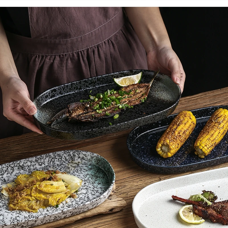 

Художественная керамическая посуда для стейка, кухонная посуда, овальная суши на пару, гриленая, длинная