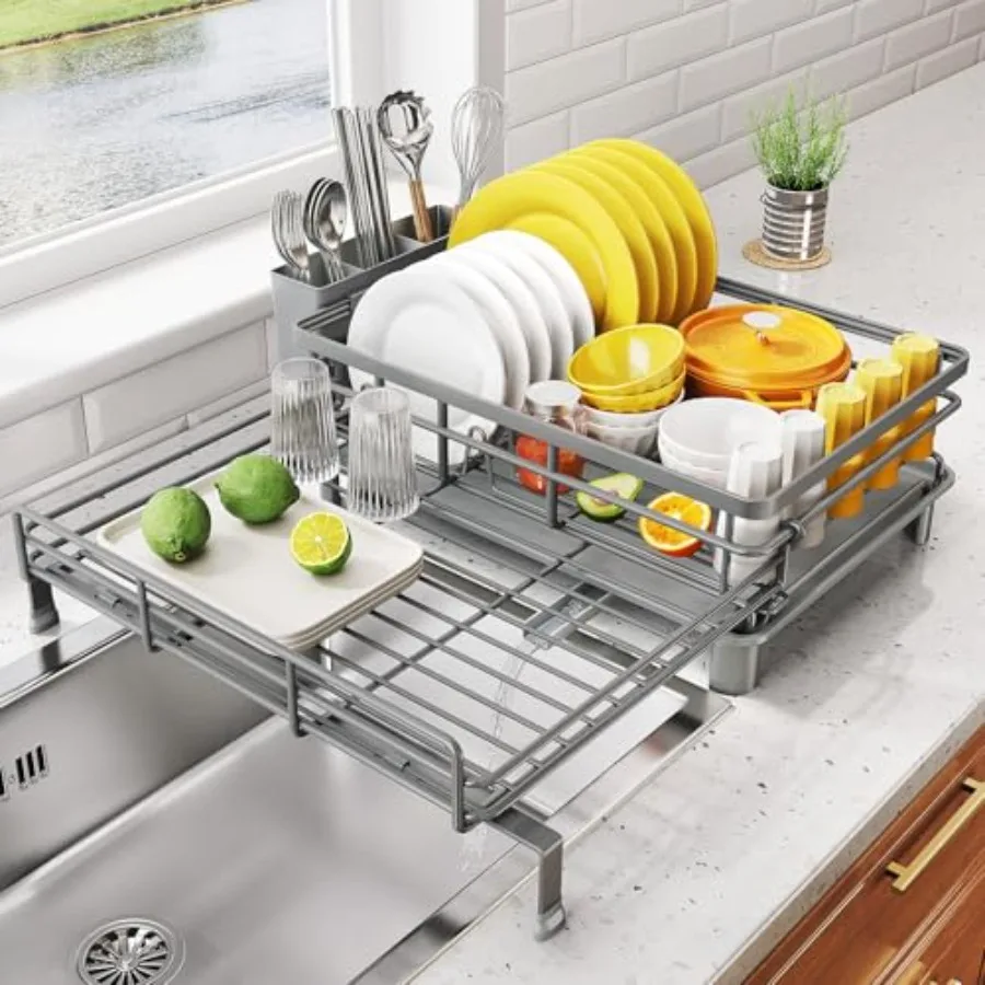

Dish Drying Rack - Extendable Dish Rack, Large Sink Drying Dish Drainer for Kitchen Counter, Stainless Steel Dish Strainer with