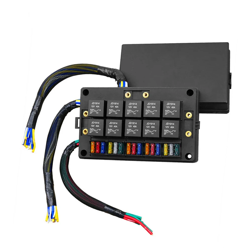 12V Fuse Relay Box Dust-Proof Relay Block Kit with Pre-Wires 5Pin 40A ATC/ATO 15 Fuses Universal Car Truck Fuse Box