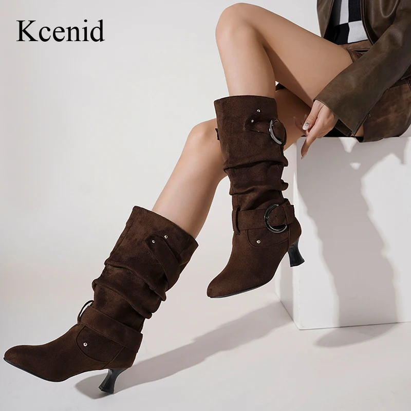 

Kcenid Stiletto High Heels Mid Calf Boots Women Round Toe Slip On Casual Pleated Belt Buckle Metal Decoration Large Size 34-46