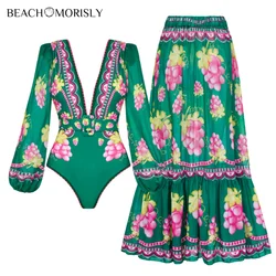 Bañador Retro de manga larga para mujer, conjunto de traje de baño Retro con uvas verdes, ropa de playa, Bikini, Monokini, novedad de 2024