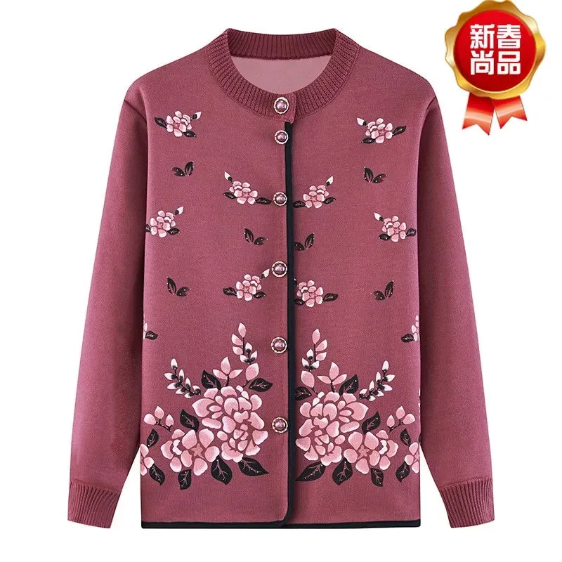 One Piece Fleece Middle-Aged Elderly 2022 New Spring Autumn Winter knitting Coat Cardigan Sweater Grandmother Thick Jacket