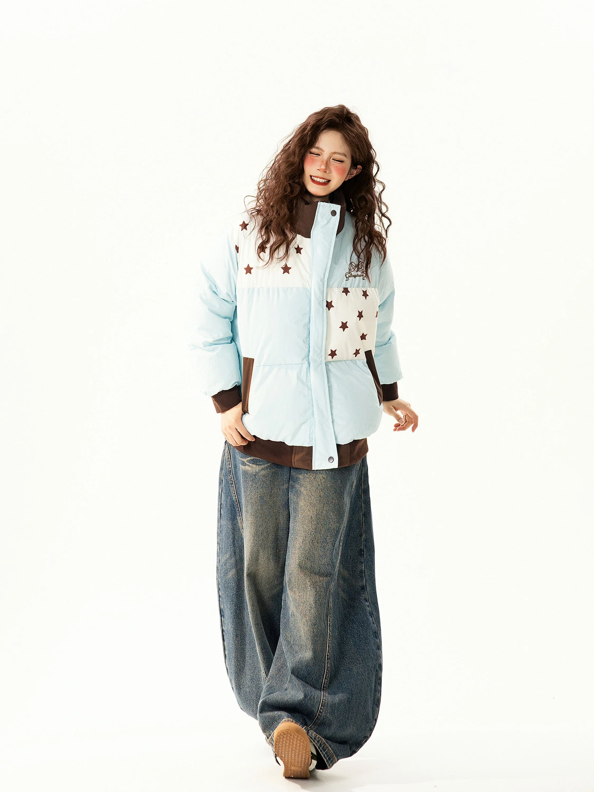 

Ele Embroidered Knot Cotton Jaet Women's Winter Loose Warm Versatile Stand Collar Trendy Outerwear