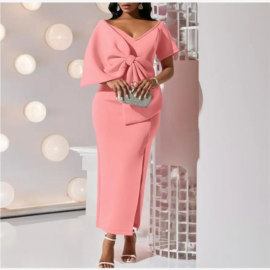 

Sexy V-ne Bowtie Par Dr Bal Slit Long Skirt Polyester Fiber ort Sve Zipper Closure Spring Summer Autumn