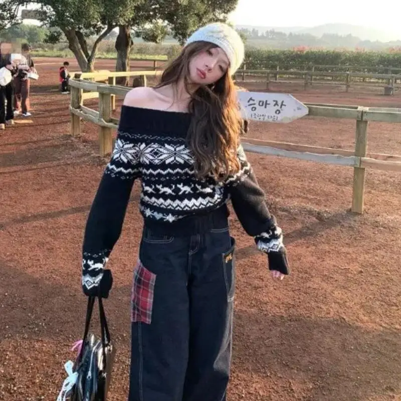 

Модный черный жаккардовый женский свитер в стиле ретро с открытыми плечами и диагональным вырезом, корейский вязаный пуловер в стиле аниме, свободные повседневные теплые топы