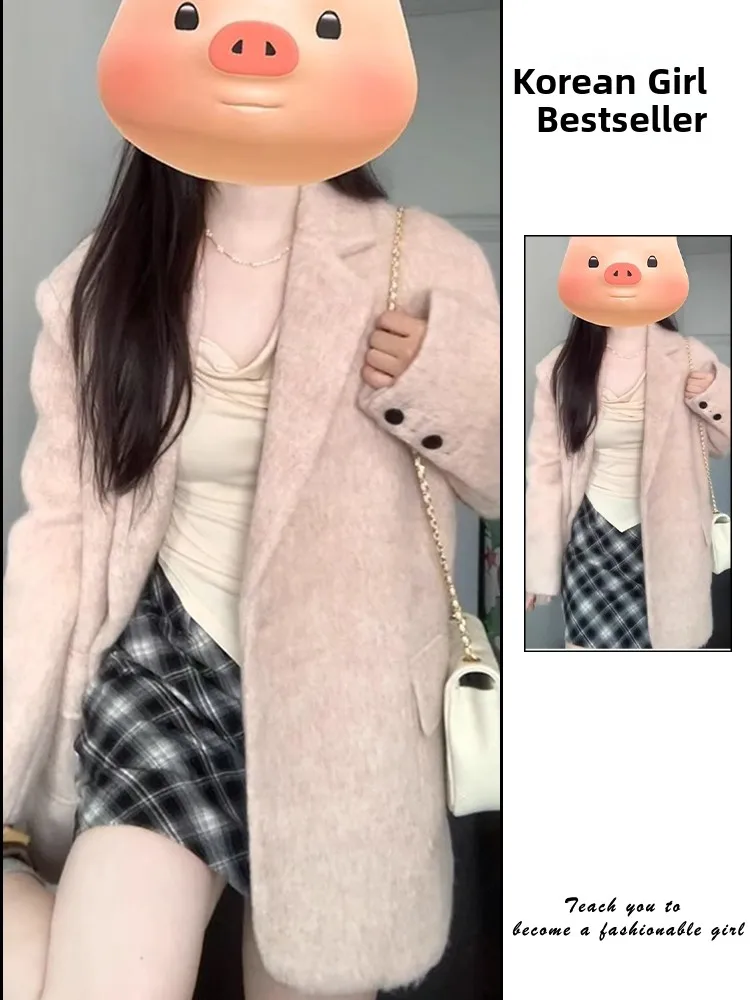 

Pink Woolen Suit Jaet Women's Thiened Warmth Autumn Winter Korean Sle High-End ort Coat Commute Sle Loose Fit Long ...