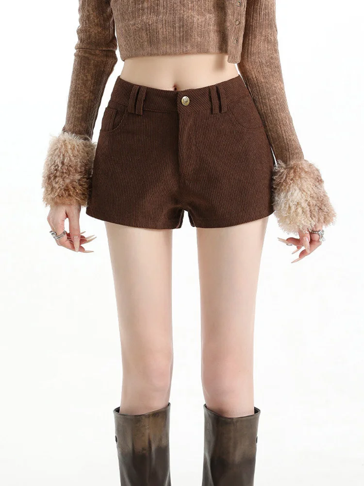 

Сексуальные облегающие вельветовые шорты для женщин, винтажные, весенние, с высокой талией, милые повседневные шорты в корейском ретро-стиле, женские, с карманами, однотонные, простые шорты