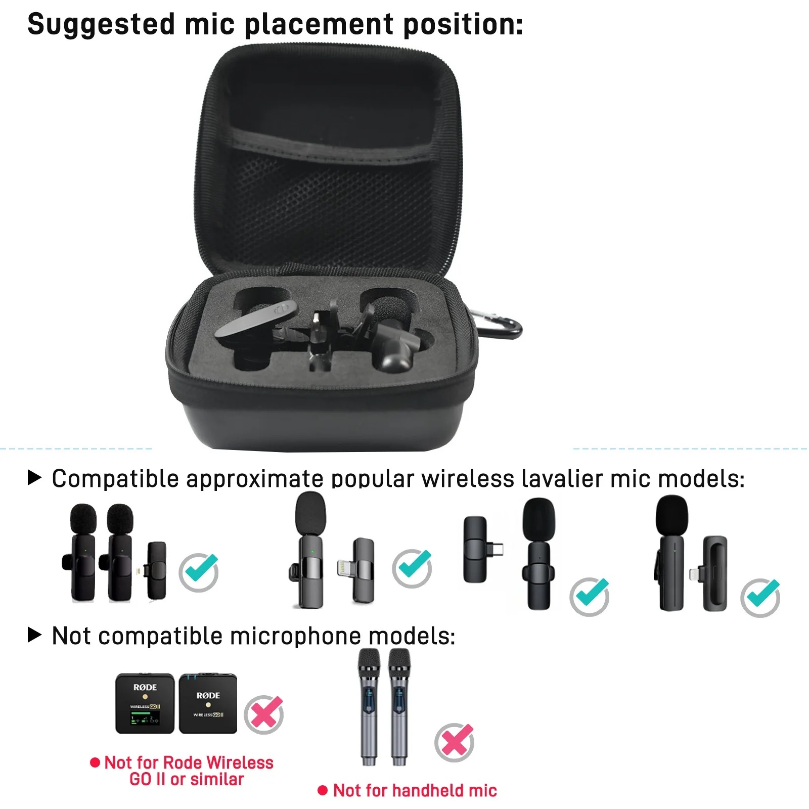 Estuche rígido para micrófono inalámbrico, estuche de transporte para micrófonos inalámbricos, grabación de Video, Clip en micrófono