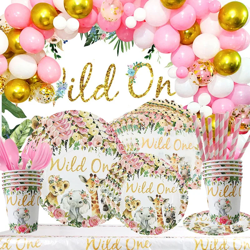 Pink Gold Animal Wild One Birthday Party Disposable Tableware Forest Decoration Girl 1st Birthday Jungle Safari Party Supplies