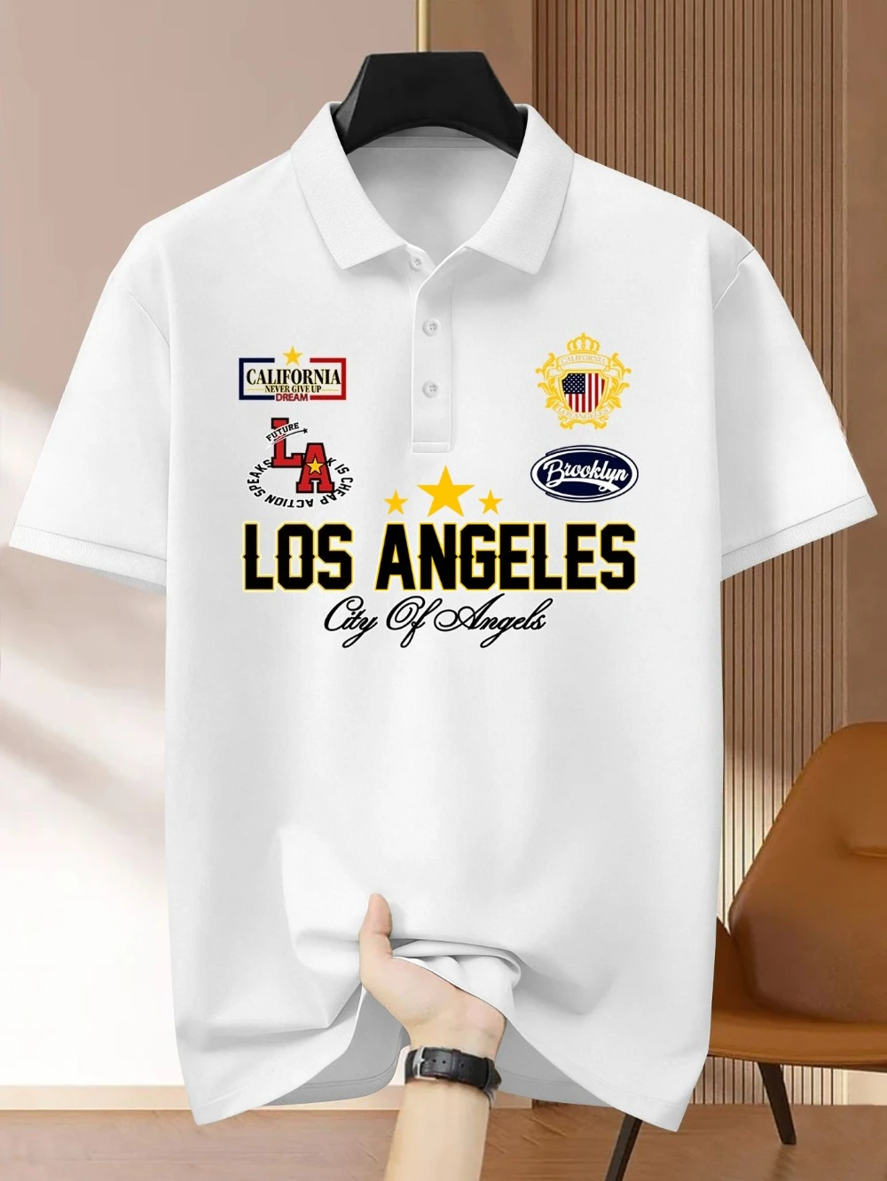 Fashionable Men's Short Sleeved Polo Lining, High Street Style, Never Ba Down Letter Printed Polo Shirt