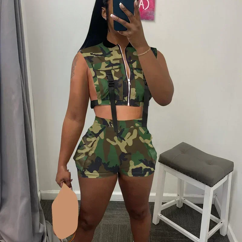 

GUWU Camouflage Print Sexy Sleeveless Vest Crop Top + Shorts Skinny Club Party Two Piece Set Summer Casual Women Tracksuit