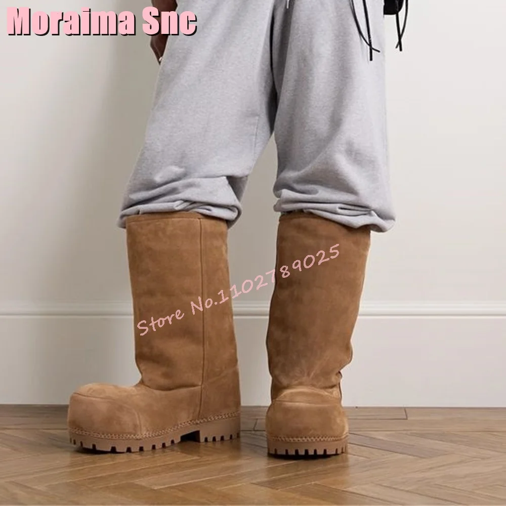 2024 New Big Round Toe Mid-calf Boots Slip On Fashion Runway Women's Long Boots Block Mid Heeled Thick Bottom Brown Solid Casual