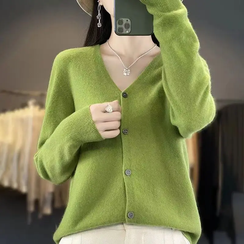 100% Merino Wool Cardigan For Women\'s Spring And Autumn Long Sleeved Solid Color Warm And Soft Cashmere Knitted Sweater Top