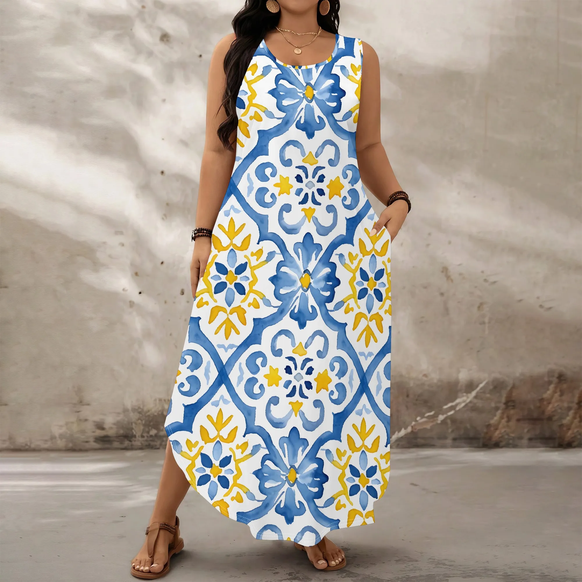

Blue Tile Print Maxi Dress XL-6XL Sleeveless Loose Fit Pocket Style for Cruise Trip, Mediterranean Vacation or Summer Brunch