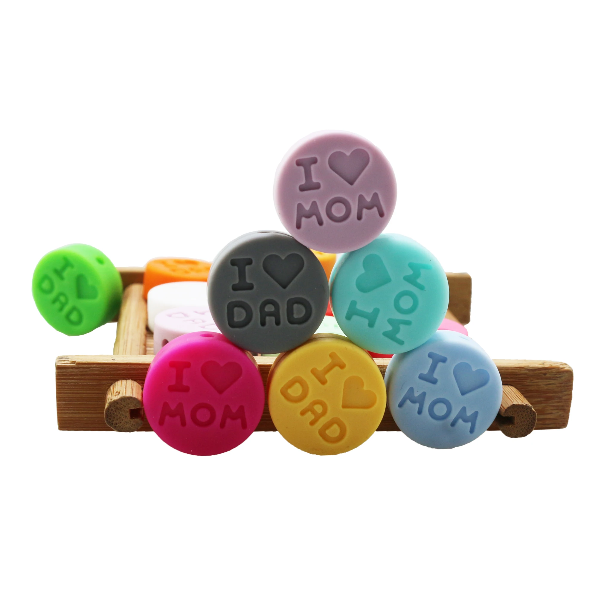 10Pcs Silicone Beads Letter I Love Mom/Dad Round Shape Food Grade DIY Pacifier Chain Jewelry Accessories