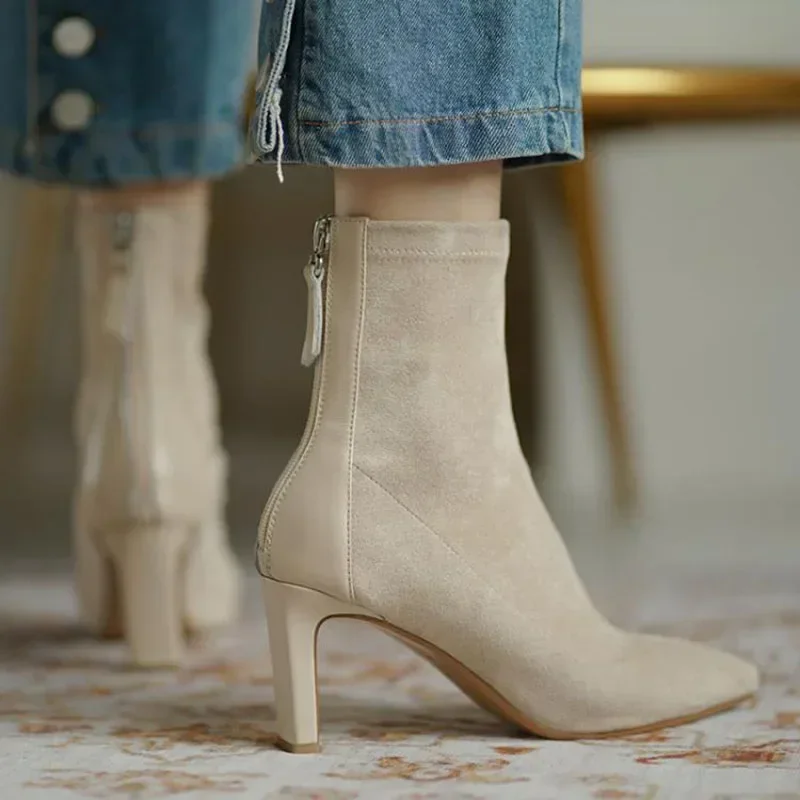 

High Heel Suede Boots Women's Korean Style Autumn and Winter Mid Heel Stretch Thin Boots Pointed Toe Back Zip Sock Boots Women