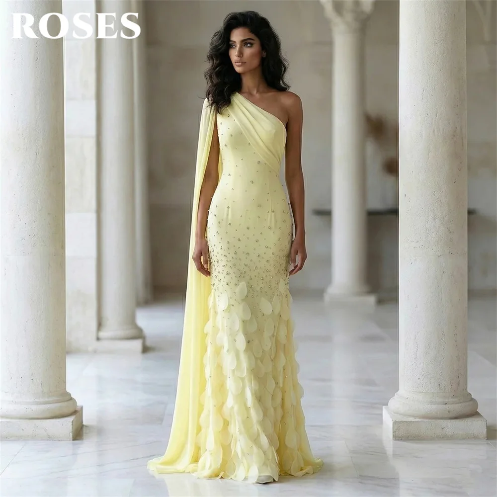 

ROSES Yellow Evening Gown One Shoulder Prom Dress Off Shoulder Wedding Evening Dresses with Crystal robes de soirée Customized