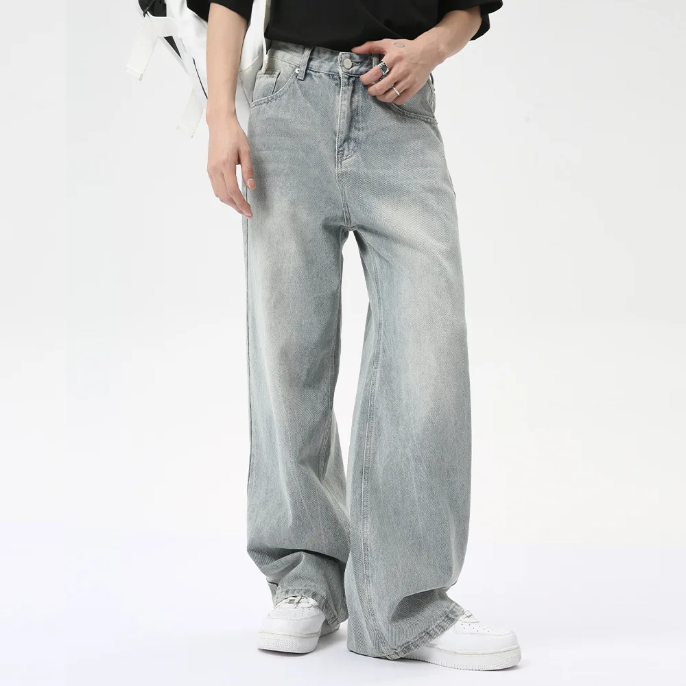 

SYUHGFA Male Light Blue Denim Pants American High Street Straight Wide Leg Loose Wash Men's Jeans Autumn 2024 Chic New