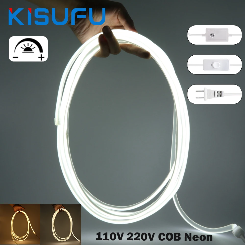 110V 220V Linear Dimmable COB Neon LED Strip Light With Dimmer/Switch Plug 288LEDs/m Super Bright IP65 Ribbon Tape Home Decor