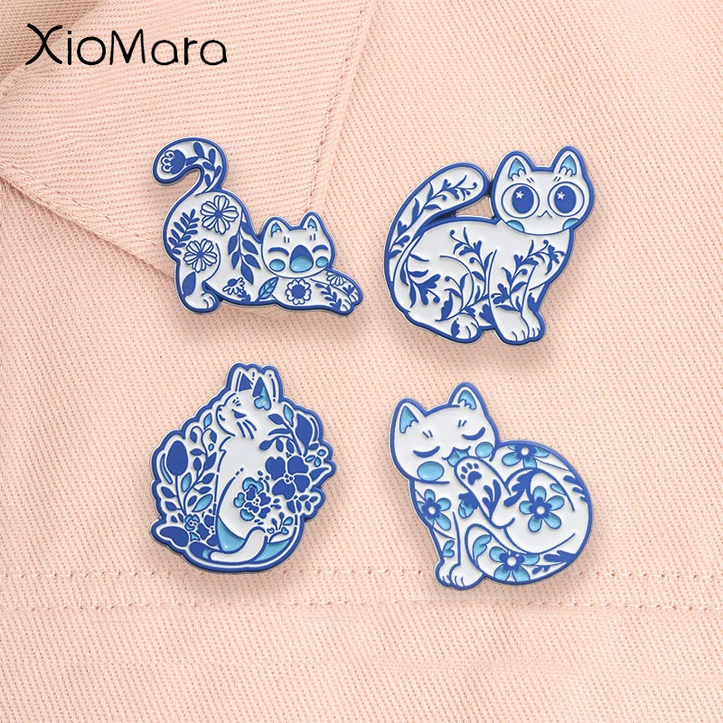 Blue White Floral Cat Enamel Pins Vintage Porcelain Kitten Cartoon Animal Brooches Lapel Backpack Badge Jewelry Gifts for Friend