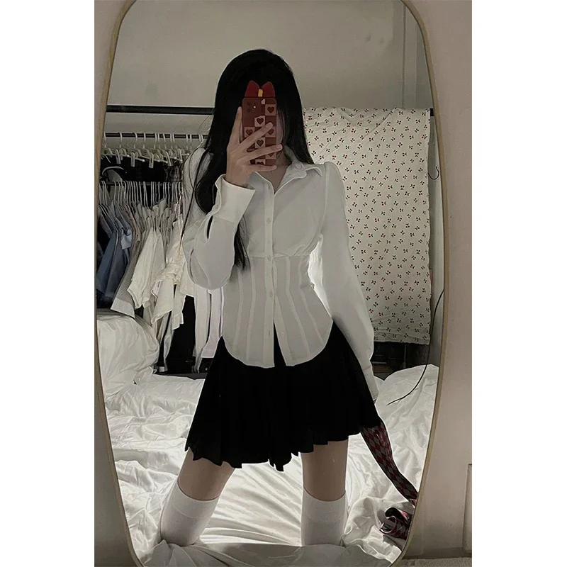 

Y2K White Shirts Women Streetwear Preppy Style Long Sleeve Crop Tops Students Jk Korean Fashion Basic Slim All Match Blouses New