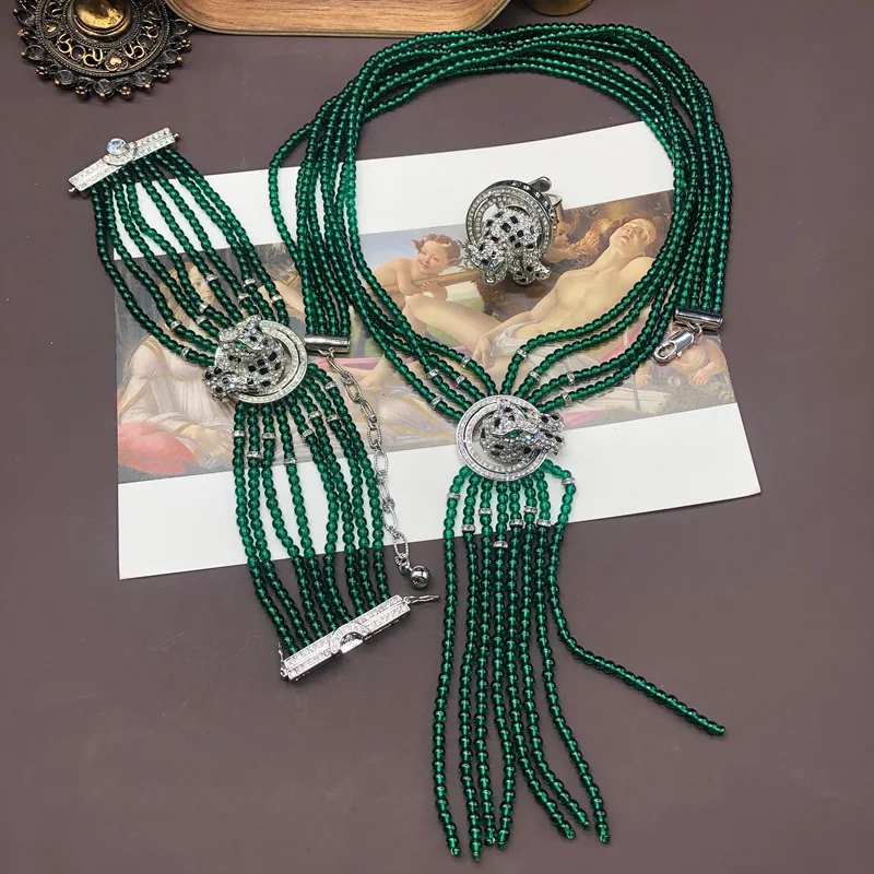 

NISHIZAWA Elegant Vintage Multi-layer Green Beaded Leopard Copper Necklace Bracelet Ring Set