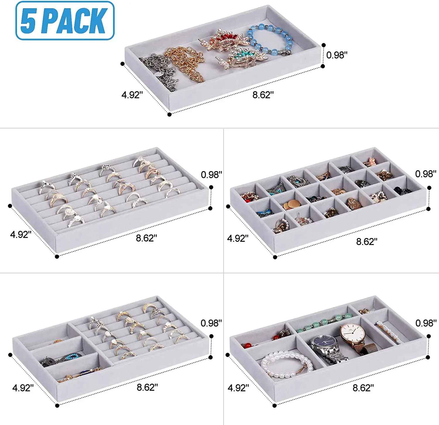 Bandeja de joyería apilable de terciopelo suave, caja de almacenamiento de exhibición de Joyas, caja organizadora portátil para anillos, pendientes