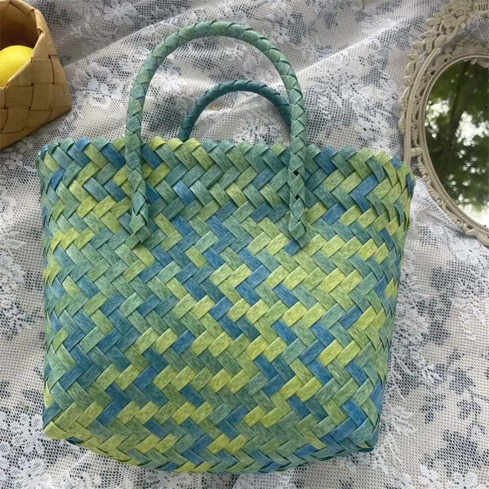 Women Imitation Rattan Woven Handbag Retro Storage Basket Large Capacity Tote Beach Bag Handmade Shoulder Bag