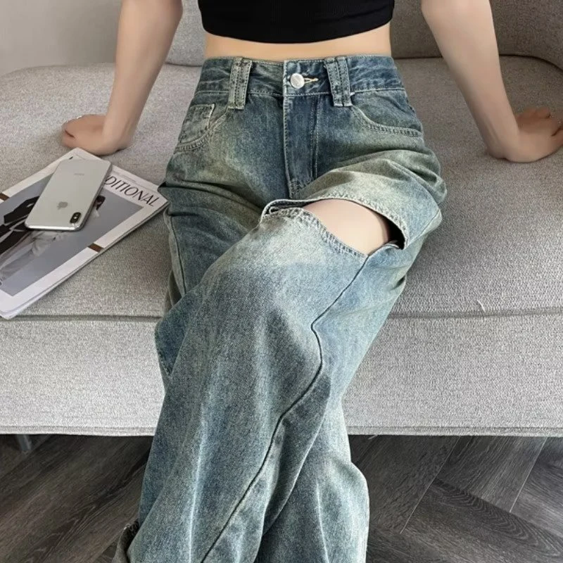 Cool Girl Fashion Style Street Pants Hole Breaking Trend Design Jeans High Waist Wide Leg Casual Straight Jeans Baggy Wide Leg J