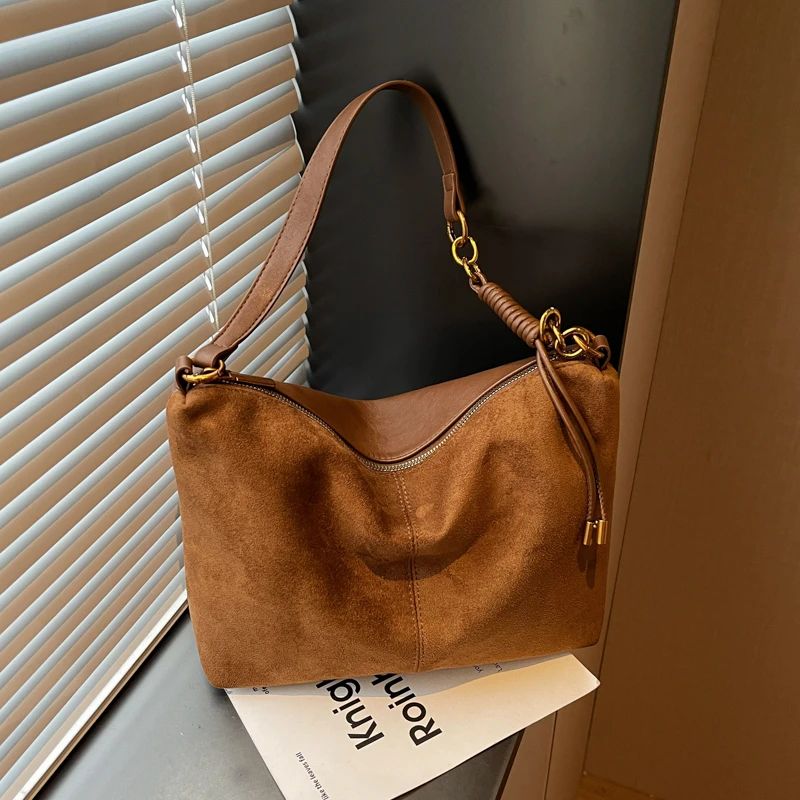 2026 New Vintage Faux Suede Hobo Crossbody Bag Braided‑Leather Tassel Charm Soft Women Maillard Fall Daily Commute Shoulder Bag