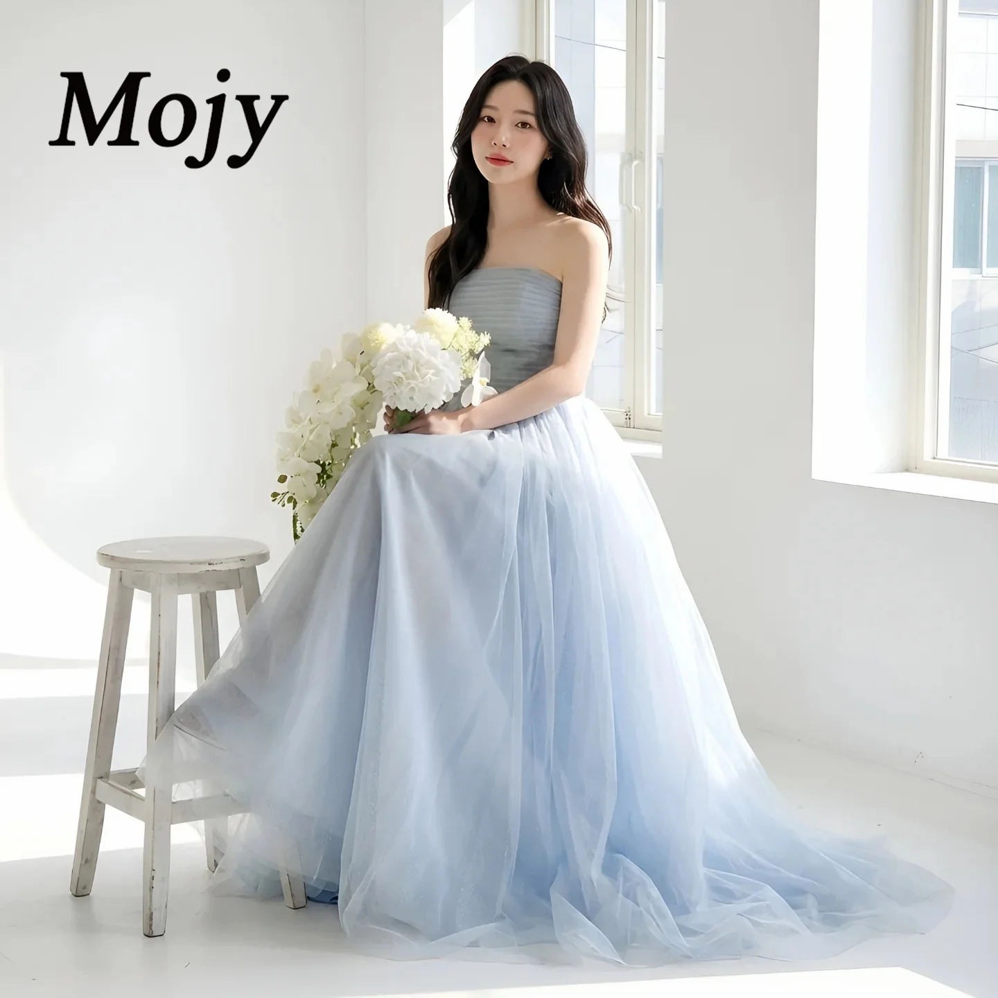Mojy Customized Sky Blue Korean Evening Party Dresses Strapless Soft Tulle Bridal Wedding Snap Gown Long Performance Dresse