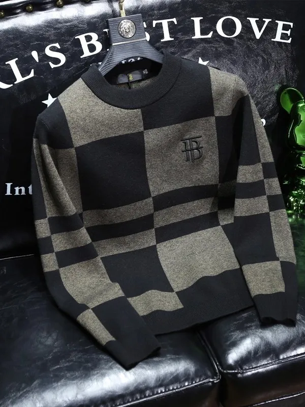 

Мужской свитер с вышивкой в стиле ретро-геометрии, приталенный, с круглым вырезом, модный, осенне-зимний, базовый слой, для молодежи