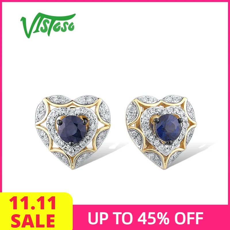 

VISTOSO Genuine 14K 585 Yellow Gold Earrings For Women Natural Blue Sapphire Diamond Delicate Heart Stud Earrings Fine Jewelry