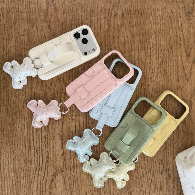 

Colorful Rhinestone Bear Wrist Strap Card Holder Phone Case For iPhone 17 Pro Max 16 15 14 Pro Max 5 Colors Shockproof Cover