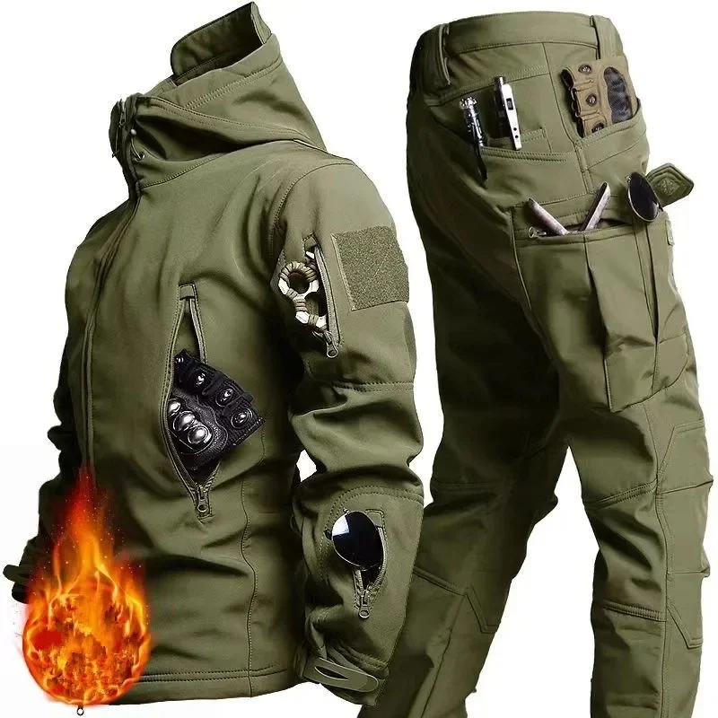 

New Soft Shell Winter Plush Thickened Outdoor Fishing Waterproof Windproof Cutting Wear-resistant Hooded Jacket and Pants