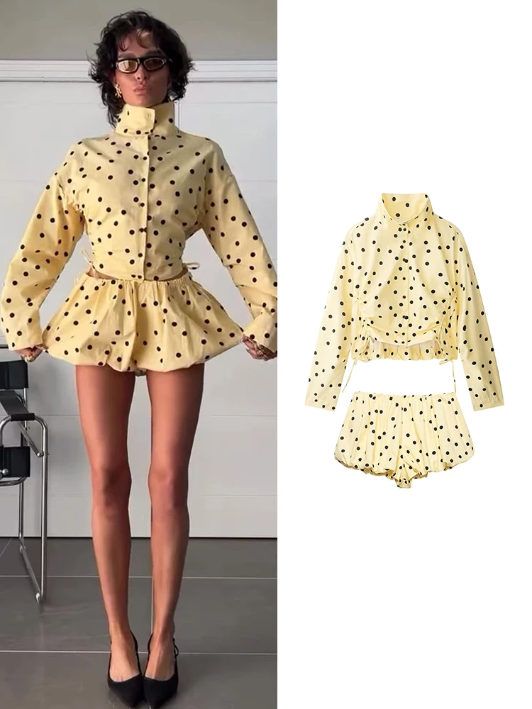 TFMLN Women Trendy Balloon Shorts Set Fashion Pleated Dot Print Short Jacket Mini Shorts New Spring Summer Holiday Streetwear