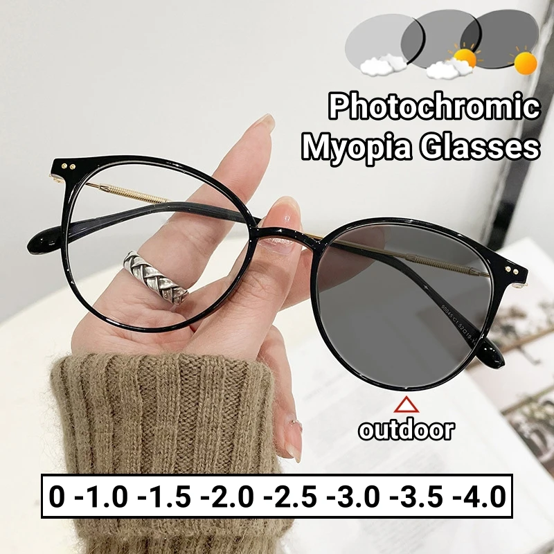 

Women Anti Blue Light Near Sight Glasses Vintage Luxury Brand Photochromic Myopia Glasses Round Frame Diopter Eyewear 0 To -4.0