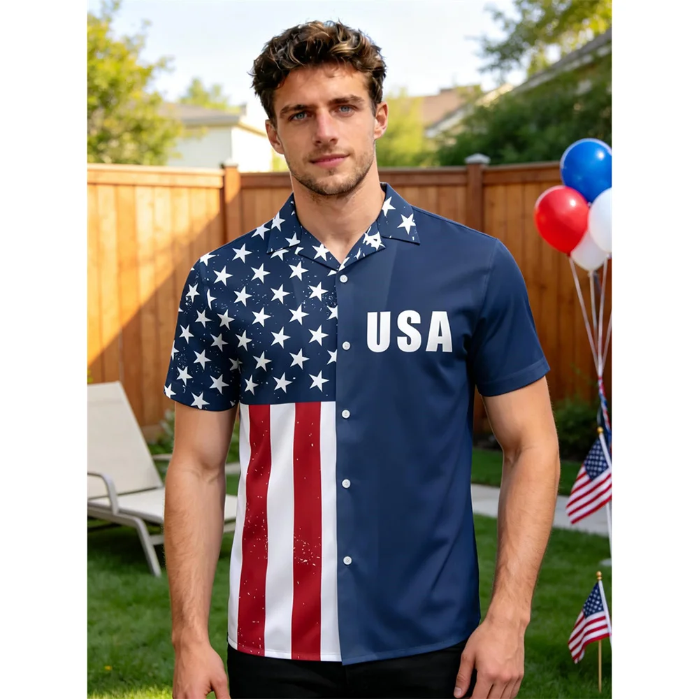 

Abstract USA Flag Print For Men Casual Shirt Lapel Short Sleeve Independence Day Loose Fashion Shirts Holiday Beach Vacation
