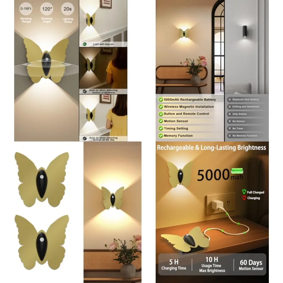

Magnetic Motion Sensor Wall Light: 5000mAh Rechargeable Battery Powered Wall Sconce Set of 2 with Remote, 3 Colors Wireless Wal
