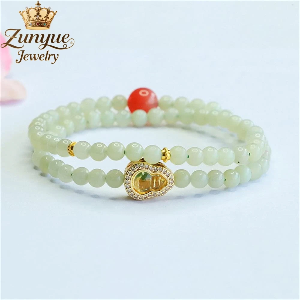 

High-End Natural Hetian Jade Agate Double-Ring Bracelet Luxury Quality Fashion Fine Jewelry Exquisite Elegant Charms Popular
