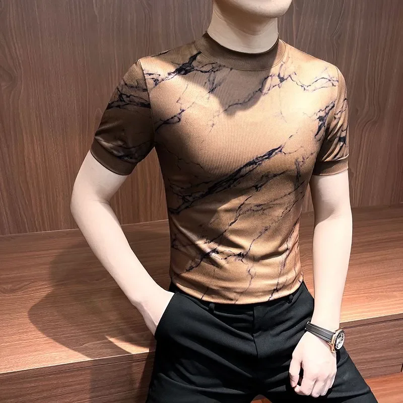 Marble Print Men's Short Sleeve T-Shirt Fashionable Casual Daily Wear Breathable Knit Design Round Neck Summer Top
