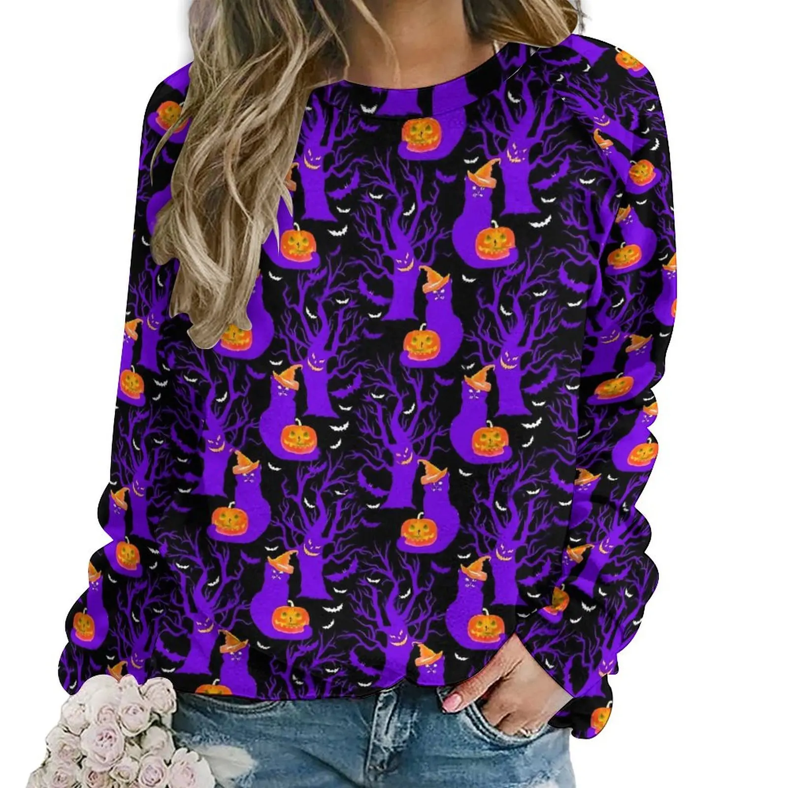 

Pumpkins Ghost Cat Hoodies Womens Happy Halloween Streetwear Casual Hoodie Long-Sleeve Y2k Custom Clothing Large Size 2XL 3XL