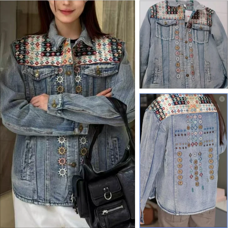 

Новая свободная и повседневная джинсовая куртка с испанской вышивкой и цветными блоками из оригинального экспортного заказа.