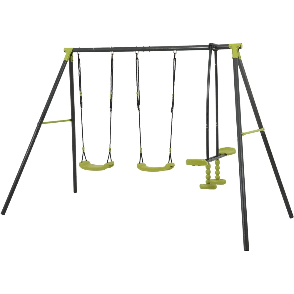 Juego de columpio seguro de metal para niños, Columpio de tres asientos para patio de juegos al aire libre, negro y verde para mayores de 3 años, interesante, 440 libras