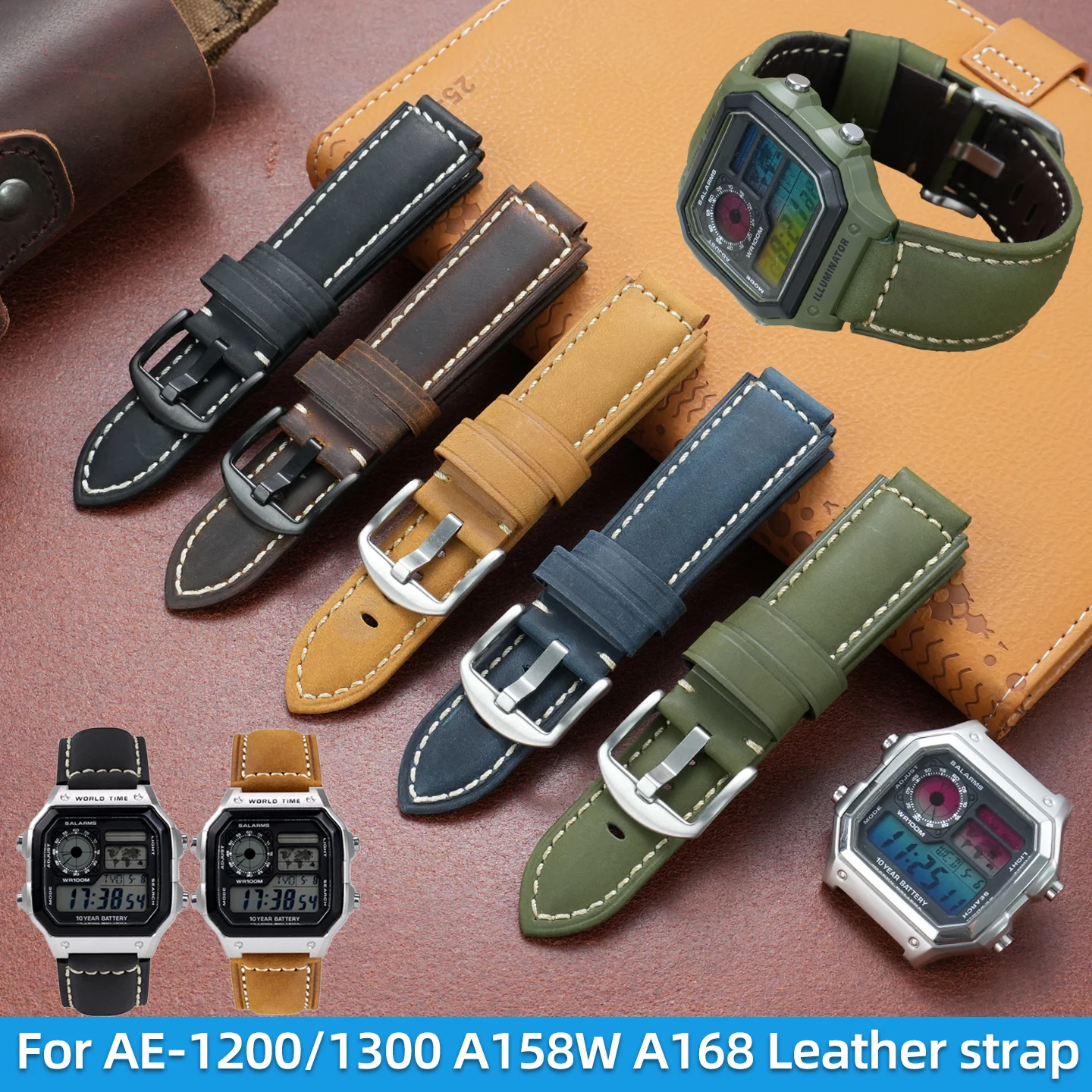 Винтажный матовый ремешок из натуральной кожи для Casio AE-1200 AE1300 WS-1600 A158W A168 F91W, ремешок для часов из воловьей кожи, выпуклый браслет 18 мм