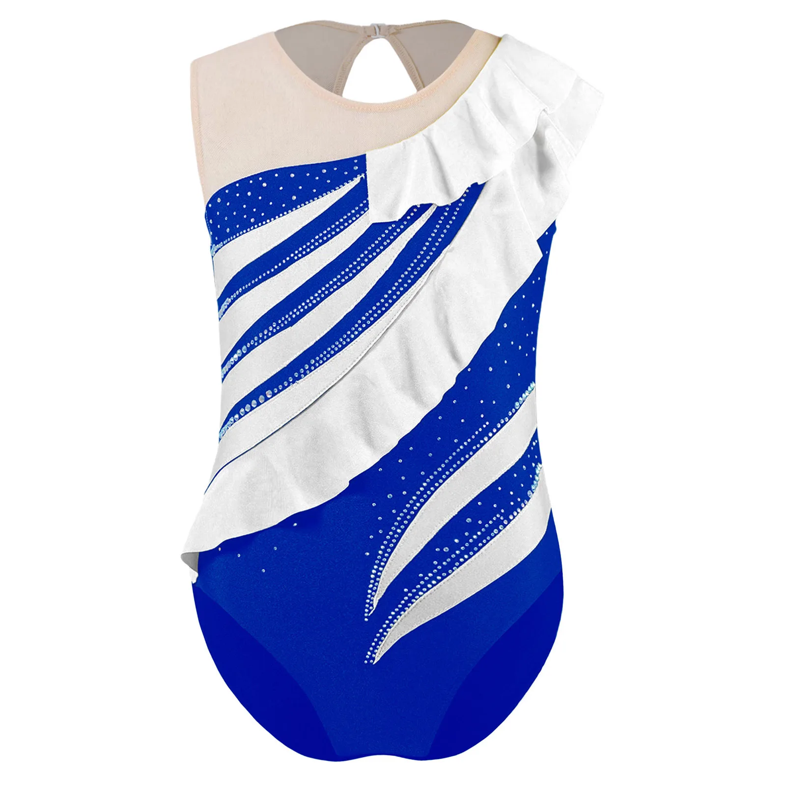 

Gymnastics Skating Ballet Patchwork Ruffle Leotard Kids Girls Sleeveless Shiny Rhinestones Bodysuit for Stage Performance Outfit