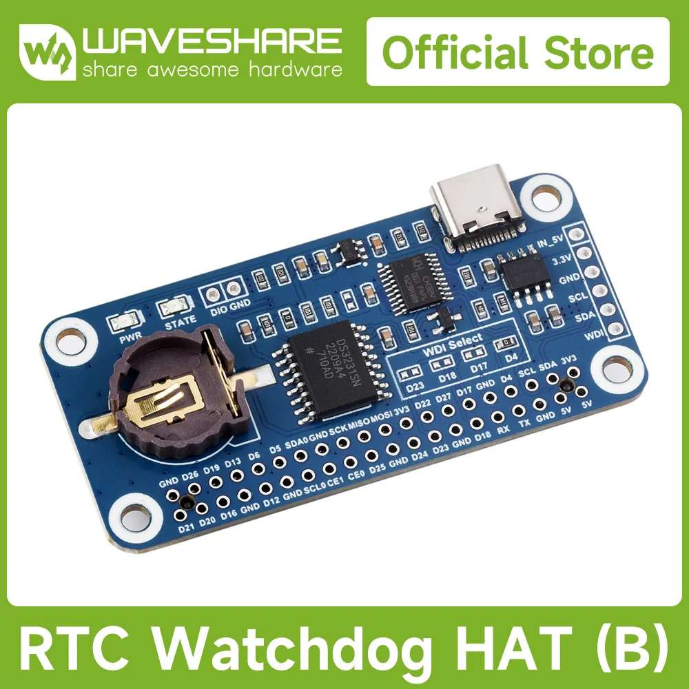 Waveshare RTC WatchDog HAT (B) For Raspberry Pi, Onboard DS3231SN High Precision RTC Chip, Real time Clock, Watchdog