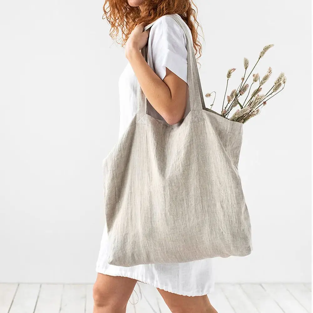 100% Pure Linen Hemp Shoulder Bags Large Capacity Handbag Portable Shopping Bag Supermarket Environmental Cloth Pouch Women Bag